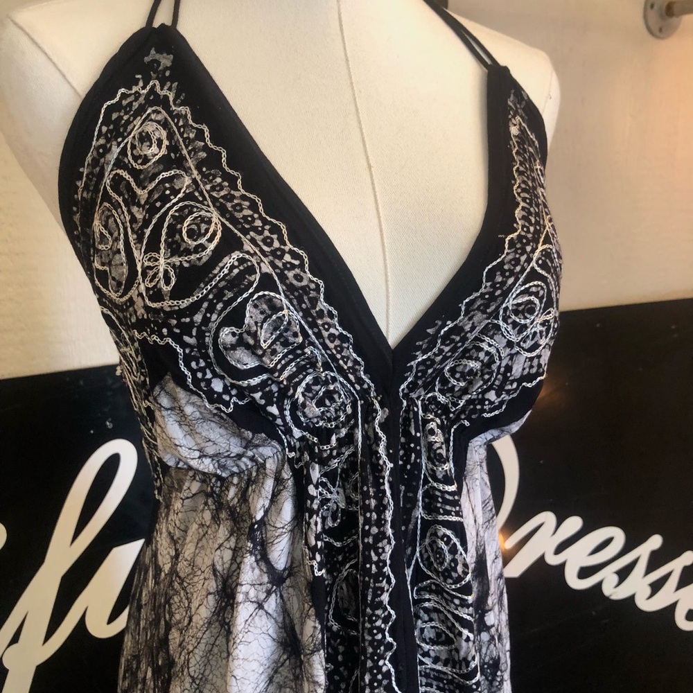 Black & White Batik Halter Maxi Dress Boho Festival Coachella Handkerchief Hem